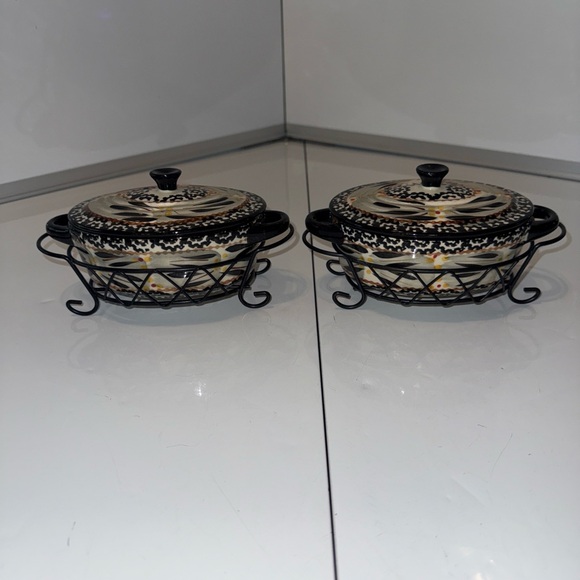 Temptations Ovenware Oval Dish 9 Oz Black Old World W Basket & Lid Lot Of 2 - Picture 1 of 15